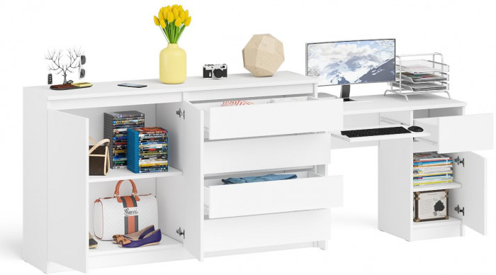 Мори компьютерный стол МС-1 правый + Комод МК1600.1, белый