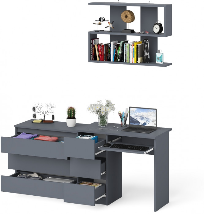 Мори Стол компьютерный МС-6 левый + Комод МК800.1 + Полка 900, цвет графит, ШхГхВ 170,4х50х209,6 см., НЕ универсальная сборка