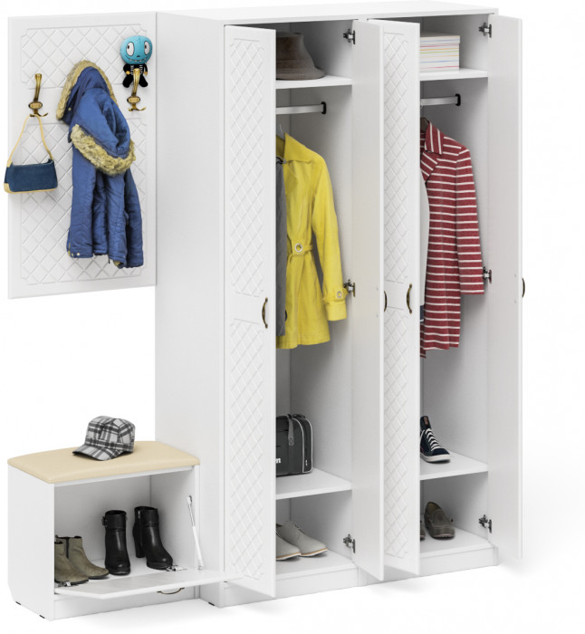 Прихожая П-6 Компоновка № 09, белая шагрень/фасады МДФ белое дерево фрезеровка ромб