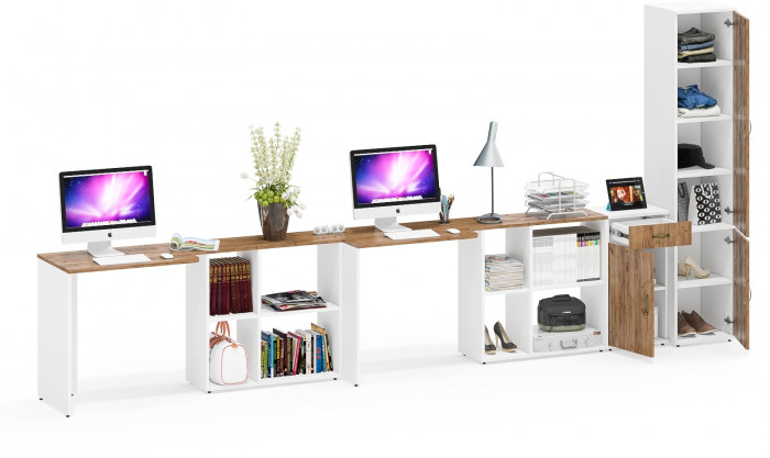 Лидер-8 Стол + Стол + Пенал МД 22Б + Тумба МД 3.15, белый шагрень/крафт золото