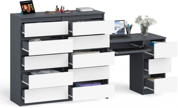 Мори Стол компьютерный МС-6 правый + Комод МК1200.10, цвет графит/белый, ШхГхВ 210,4х50х115 см., выдвижные ящики справа, НЕ универсальная сборка