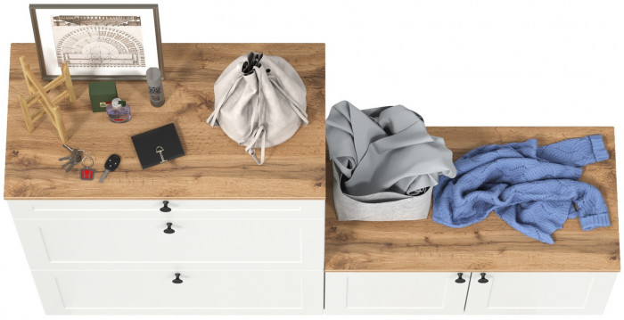 Остин 16.121 Тумба для обуви + 13.257 Тумба, цвет белый шагрень/дуб крафт золотой, ШхГхВ 160х41,9х99,3 см., универсальная сборка