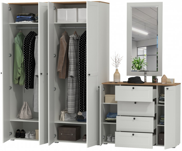 Остин Прихожая 26, цвет белый шагрень/дуб крафт золотой, ШхГхВ 280х54,3х229,6 см., универсальная сборка