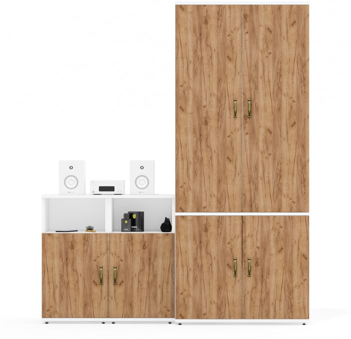 Лидер-8 Шкаф МД 20Б + Тумба МД 3.19 + Тумба МД 3.19, белый шагрень/крафт золото