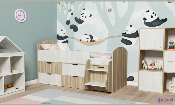 Кровать-чердак Малыш 7 (Белое дерево/Оранжевый)