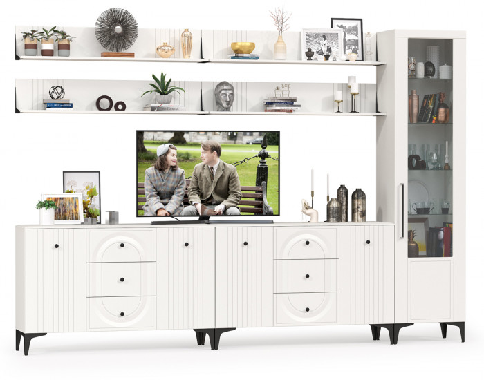 Валенсия Гостиная № 119, цвет ЛДСП белый шагрень/МДФ белый шагрень, ШхГхВ 321,3х38,4х225,2 см., универсальная сборка