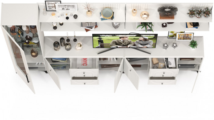 Валенсия Гостиная № 119, цвет ЛДСП белый шагрень/МДФ белый шагрень, ШхГхВ 321,3х38,4х225,2 см., универсальная сборка