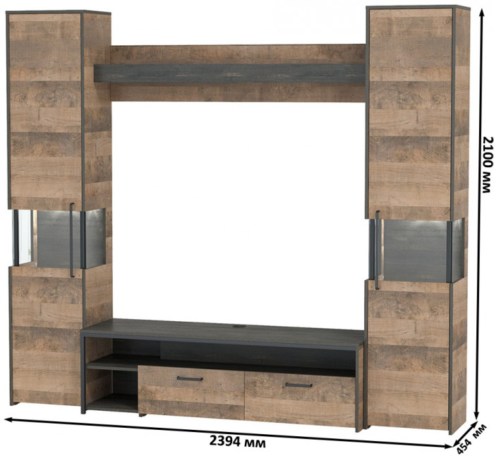 Трувор Гостиная 017, цвет дуб гранж песочный/интра, ШхГхВ 239,4х45,4х210 см., универсальная сборка