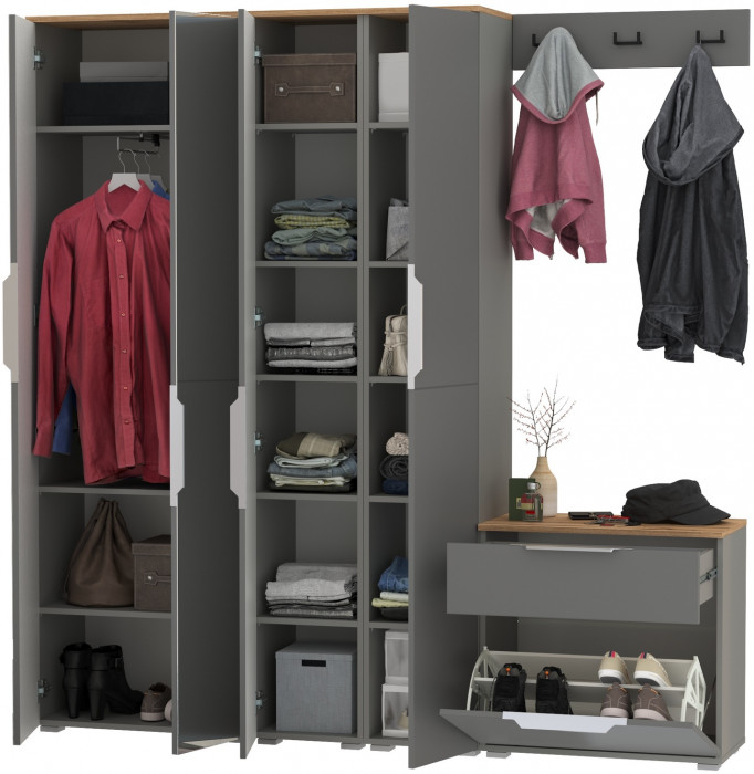 Октава Прихожая 30, цвет серый графит/дуб крафт золотой/фасады МДФ серый графит, ШхГхВ 193,7х35,4х197,6 см., универсальная сборка