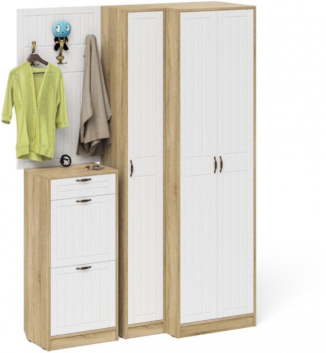 Прихожая П-6 Компоновка № 30, цвет дуб сонома/фасады МДФ белое дерево фрезеровка прованс, ШхГхВ 150х50х210 см., универсальная сборка