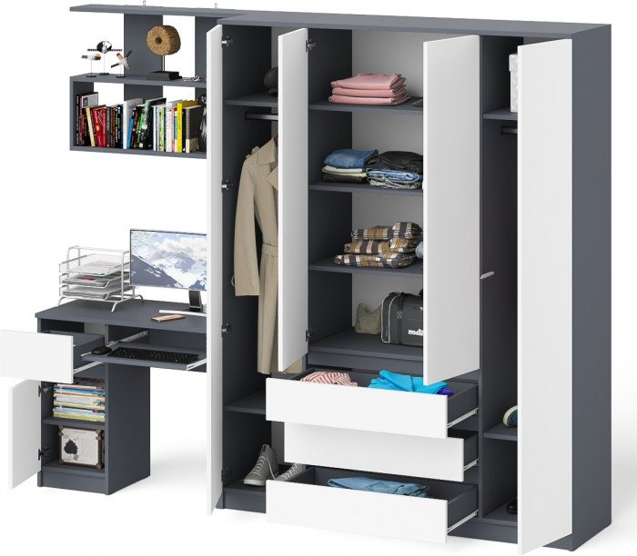 Мори компьютерный стол МС-1 левый + Шкаф МШ1600.1 + Полка 900, графит/белый