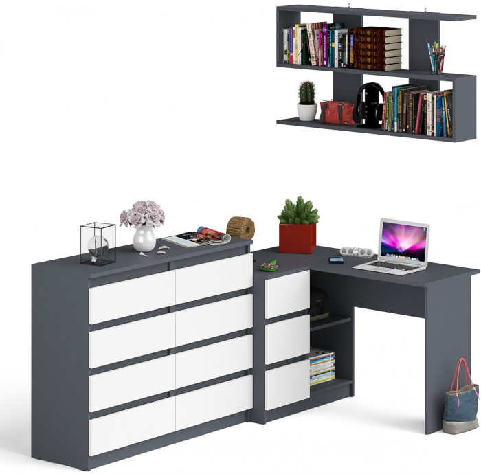 Мори компьютерный стол МС-16 левый + Комод МК1200.8 + Полка 1200, графит/белый