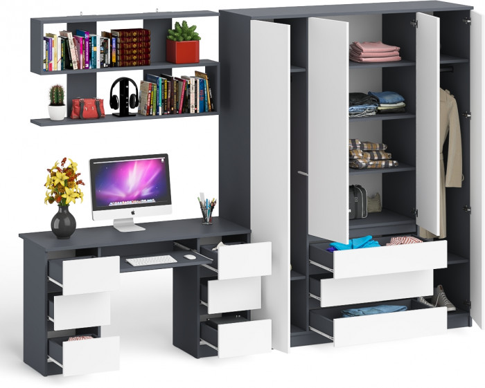 Мори компьютерный стол МС-2 + Шкаф МШ1600.1 + Полка 1200, графит/белый