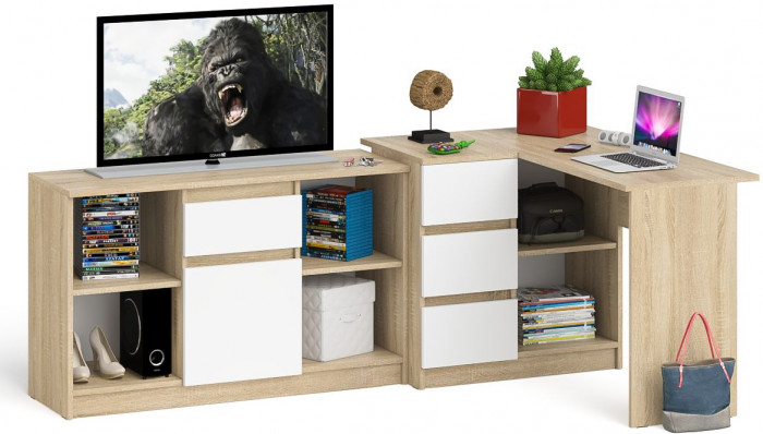 Мори Стол компьютерный МС-16 левый + Тумба МТВ1204.1, цвет дуб сонома/белый, ШхГхВ 244,8х84,9х76,6 см., выдвижные ящики слев, НЕ универсальная сборкаа