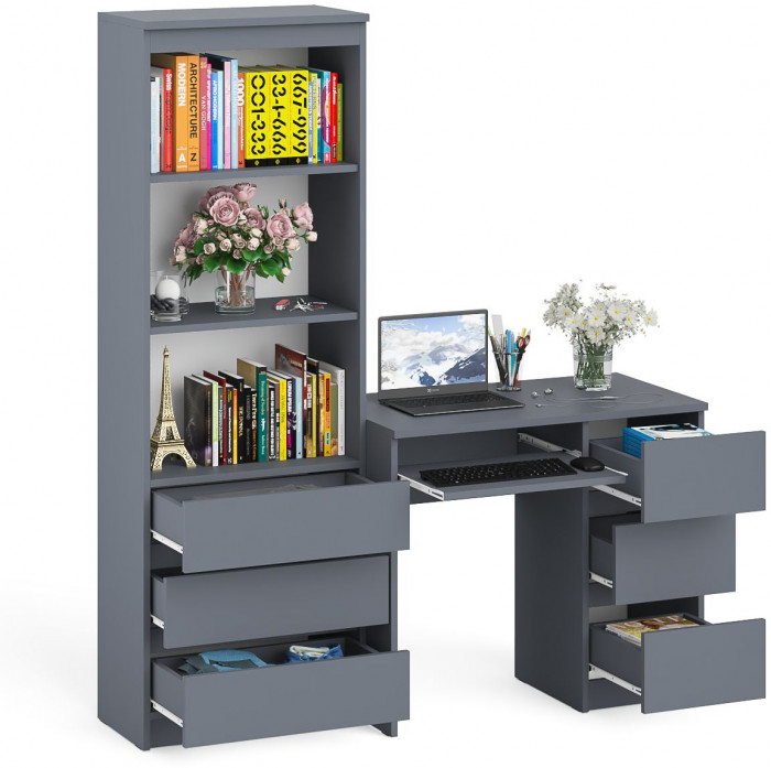 Мори Стол компьютерный МС-6 правый + Стеллаж МСТ600.3, цвет графит, ШхГхВ 150,4х50х179,6 см., выдвижные ящики справа, НЕ универсальная сборка
