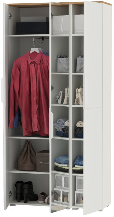 Октава 13.338 Шкаф для одежды + 13.228 Пенал, цвет белый шагрень/дуб крафт золотой/фасады МДФ белый шагрень/зеркало, ШхГхВ 96,4х35,3х197,6 см, ун. сб.