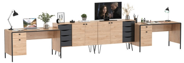 Брюс два Стола 12.157 + два Комода 16.233, цвет чёрный/Battle rock Santiago/столешница МДФ ель карпатская, 486,8х62,6(38,3)х75(85,6) см., ун. сб.