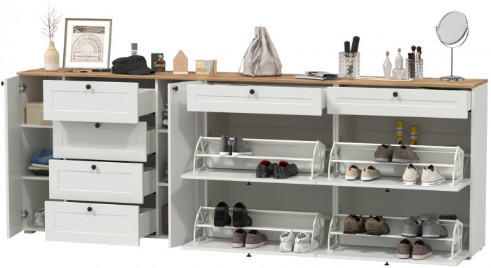 Остин 16.221 Комод + 16.121 Тумба для обуви + 16.121 Тумба для обуви, белый шагрень/дуб крафт золотой