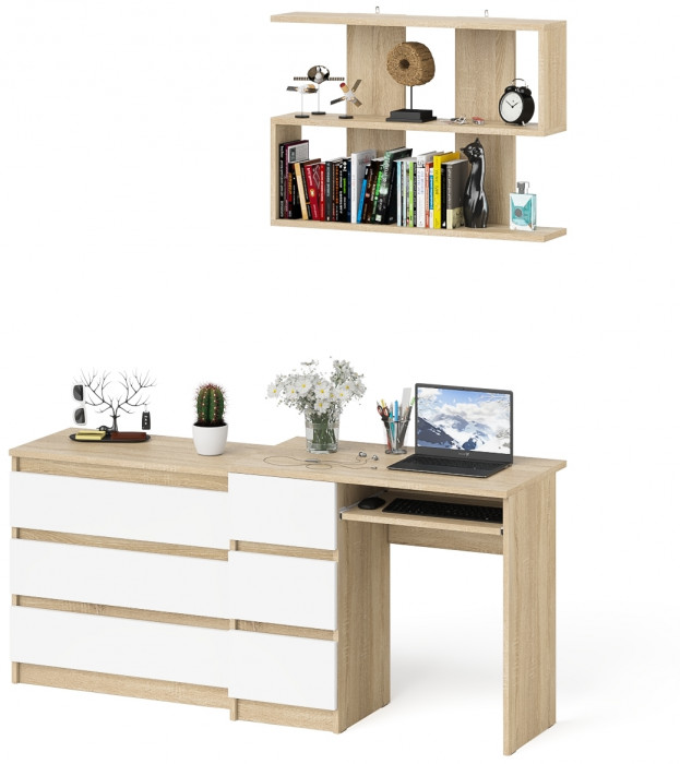 Мори Стол компьютерный МС-6 левый + Комод МК800.1 + Полка 900, цвет дуб сонома/белый, ШхГхВ 170,4х50х209,6 см., НЕ универсальная сборка