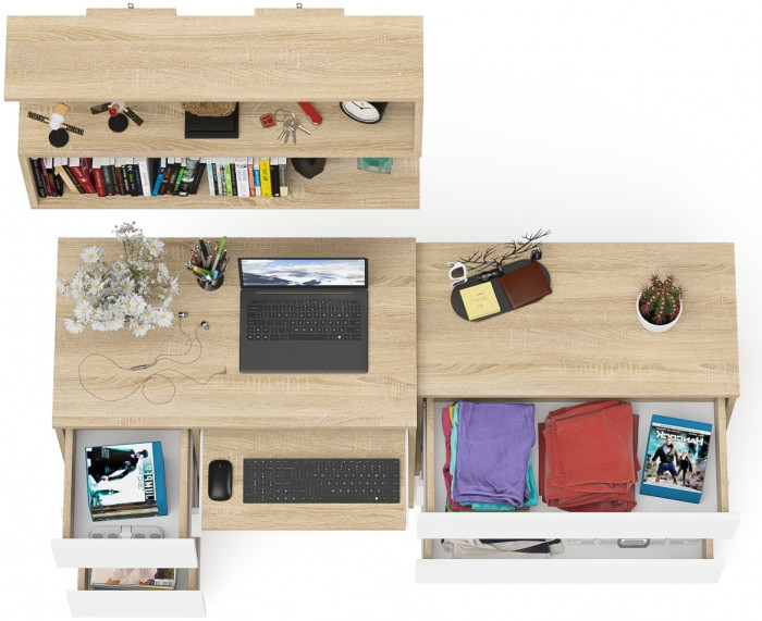 Мори Стол компьютерный МС-6 левый + Комод МК800.1 + Полка 900, цвет дуб сонома/белый, ШхГхВ 170,4х50х209,6 см., НЕ универсальная сборка