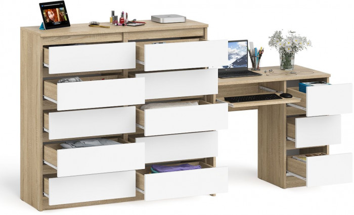 Мори Стол компьютерный МС-6 правый + Комод МК1200.10, цвет дуб сонома/белый, ШхГхВ 210,4х50х115 см., выдвижные ящики справа, НЕ универсальная сборка