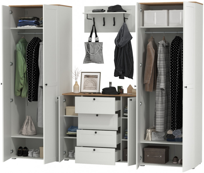 Остин Прихожая 27, цвет белый шагрень/дуб крафт золотой, ШхГхВ 280х54,3х229,6 см., универсальная сборка