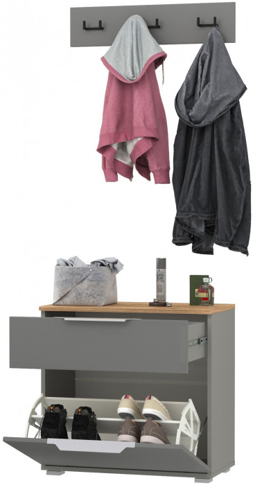 Октава 16.127 Тумба для обуви + 15.14.02 Вешалка, серый графит/дуб крафт золотой/фасады МДФ серый графит
