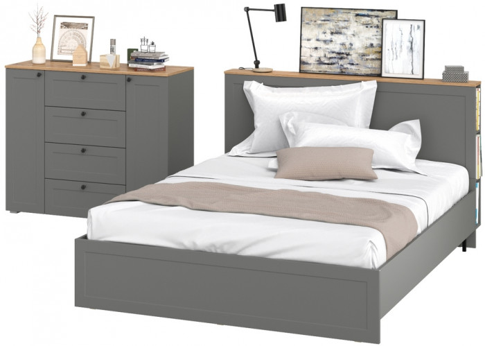Остин 11.53 Кровать + ортопед + 16.221 Комод, серый графит/дуб крафт золотой