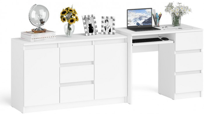 Мори Стол компьютерный МС-6 правый + Комод МК1200.3, цвет белый, ШхГхВ 210,4х50х76,6 см., выдвижные ящики справа, НЕ универсальная сборка