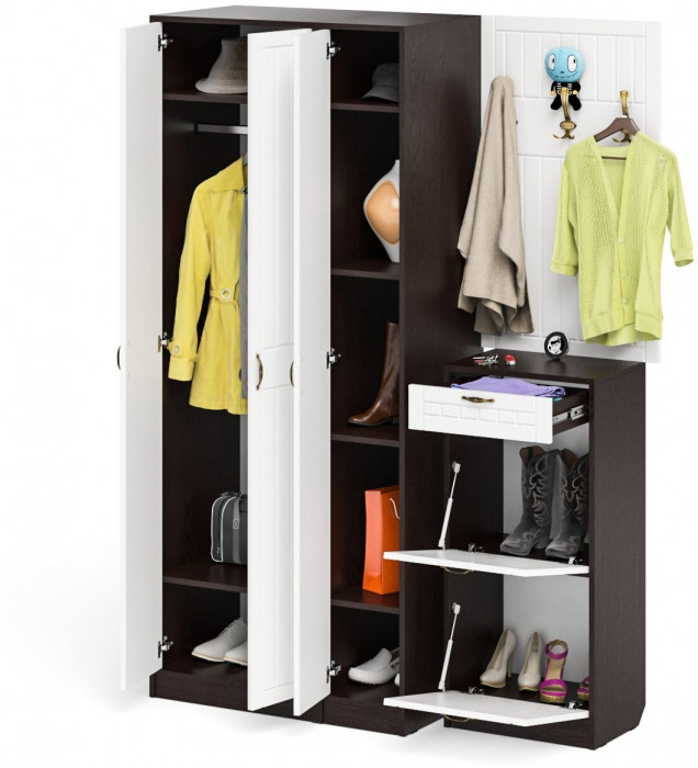 Прихожая П-6 Компоновка № 50, цвет венге/фасады МДФ белое дерево фрезеровка прованс, ШхГхВ 150х50х210 см., универсальная сборка