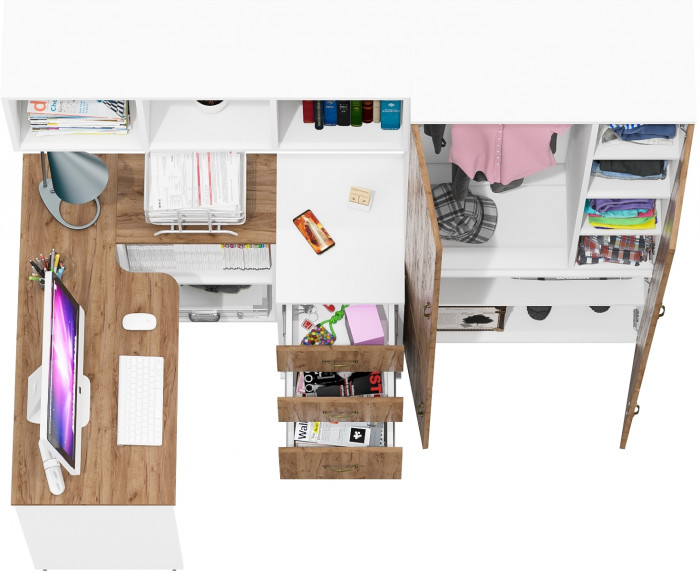 Лидер-8 Стол + Полка + Тумба МД 3.16 + Шкаф МД 20Б, белый шагрень/крафт золото