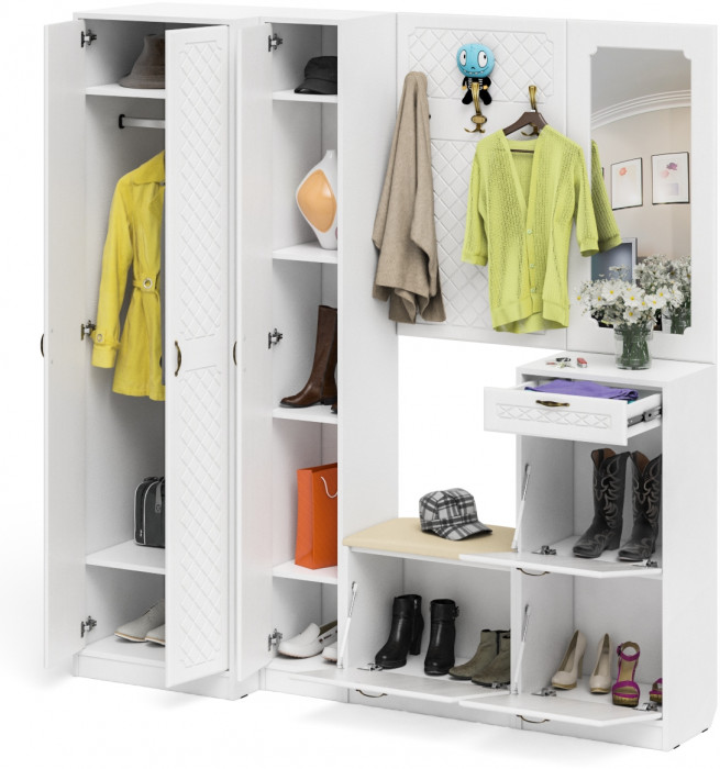 Прихожая П-6 Компоновка № 31, белая шагрень/фасады МДФ белое дерево фрезеровка ромб