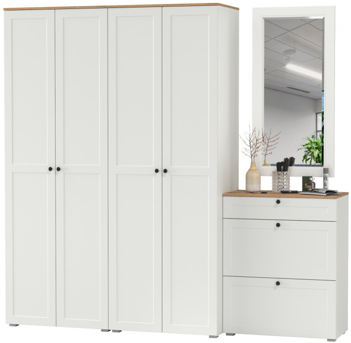 Остин Прихожая 28, цвет белый шагрень/дуб крафт золотой, ШхГхВ 240х54,3х229,6 см., универсальная сборка