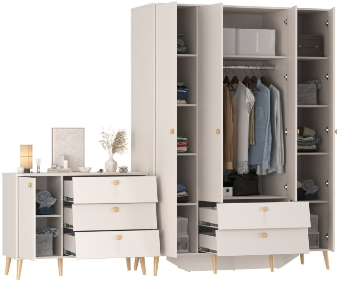 Афина Спальня Шкаф 4-х дверный + Комод с дверкой и тремя ящиками, кашемир серый
