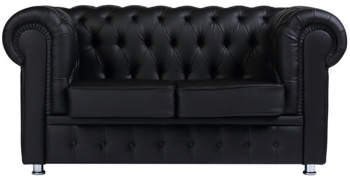 Диван кожаный черный, прямой 2-х местный, для дома, офиса, гостиной, кабинета Честер