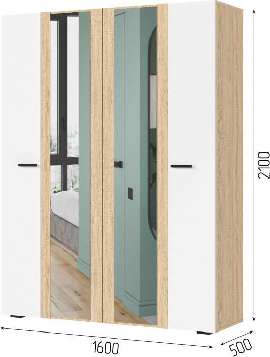 САНСА ШК-04 Шкаф 4-х створчатый Фасад БЕЛЫЙ,ДУБ СОНОМА/Корпус ДУБ СОНОМА