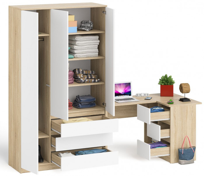 Мори Стол компьютерный МС-16 правый + Шкаф МШ1200.1, цвет дуб сонома/белый, ШхГхВ 244,8х84,9х209,6 см., выдвижные ящики справа, НЕ универс. сборка