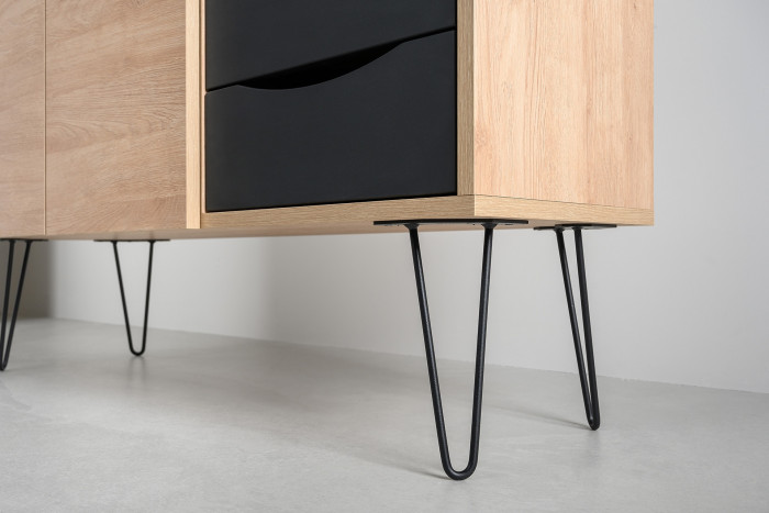 Брюс Стол 12.157 + Комод 16.233 + Стол 12.157, цвет чёрный/Battle rock Santiago/столешница МДФ ель карпатская, 373,4х62,6(38,3)х75(85,6) см., ун. сб.