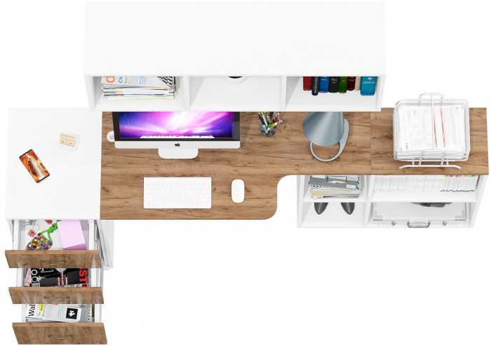 Лидер-8 Стол + Полка + Тумба МД 3.16, белый шагрень/крафт золото