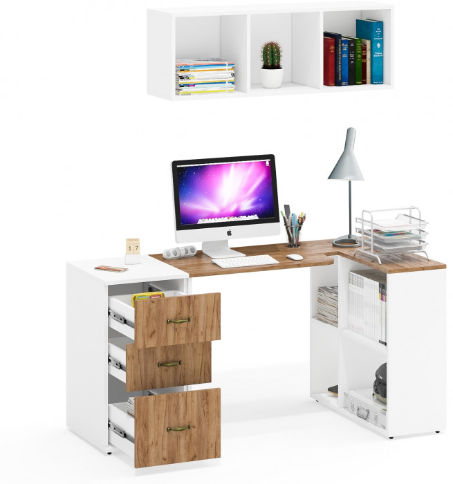 Лидер-8 Стол + Полка + Тумба МД 3.16, белый шагрень/крафт золото