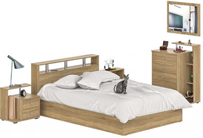 Камелия спальня № 5 Кровать 1400 + Две тумбы + Комод + Зеркало, цвет дуб сонома, сп.м. 1400х2000 мм., б/м, основание есть