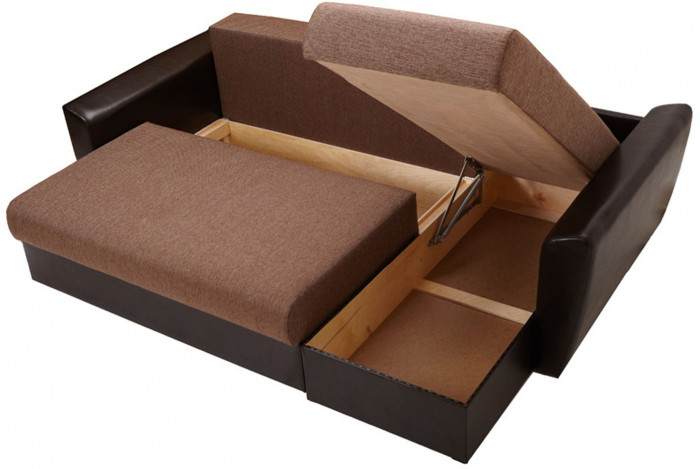 Диван-кровать угловой Амстердам, 150х200, еврокнижка, независимый пружинный блок, рогожка/экокожа, коричневый