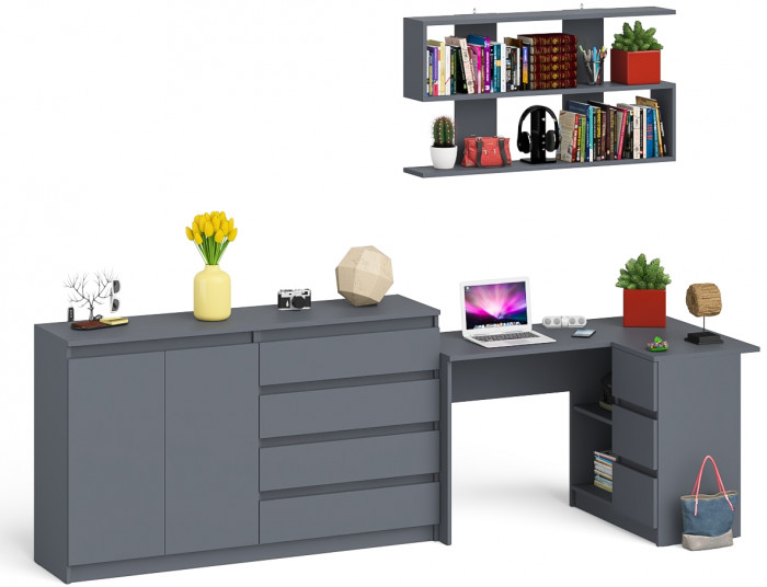 Мори компьютерный стол МС-16 правый + Комод МК1600.1 + Полка 1200, графит
