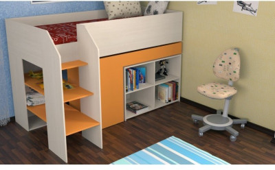 Детская кровать-чердак Теремок-2, Дуб молочный / Оранжевый