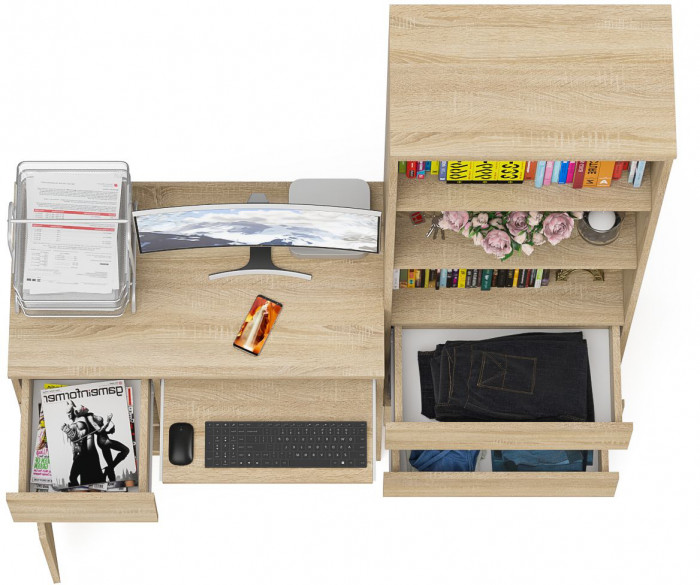 Мори Стол компьютерный МС-1 левый + Стеллаж МСТ600.3, цвет дуб сонома, ШхГхВ 150,4х50х179,6 см., выдвижной ящик слева, НЕ универсальная сборка