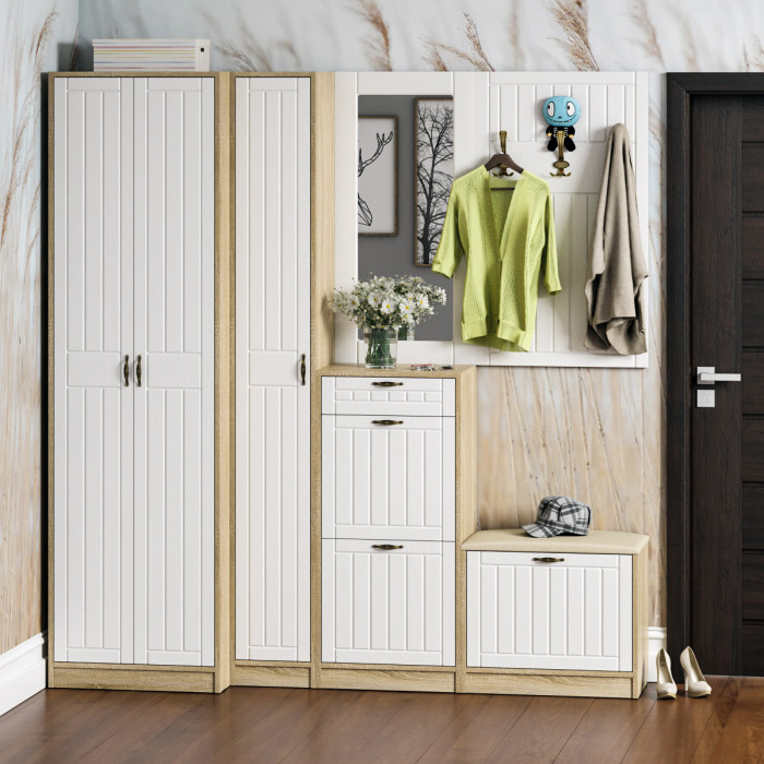 Прихожая П-6 Компоновка № 31, дуб сонома/фасады МДФ белое дерево фрезеровка прованс