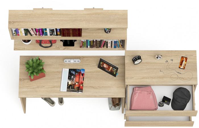 Мори Стол письменный МСП1200.1 + Комод МК800.4 + Полка 1200, цвет дуб сонома, ШхГхВ 200,8х50х209,6 см., универсальная сборка