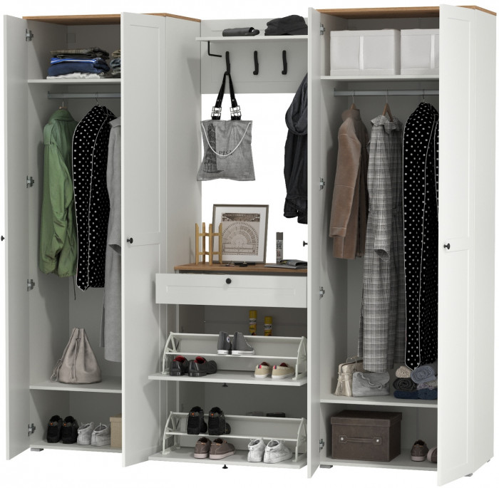 Остин Прихожая 29, цвет белый шагрень/дуб крафт золотой, ШхГхВ 240х54,3х229,6 см., универсальная сборка