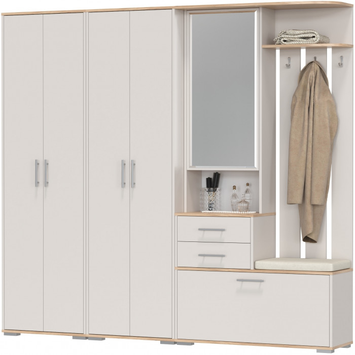 Прихожая Домино 4, цвет дуб крафт золотой/кашемир серый, ШхГхВ 220х36х202 см., универсальная сборка