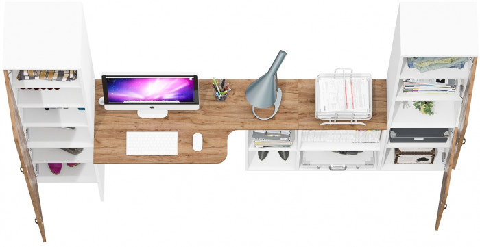 Лидер-8 Пенал МД 22Б + Стол + Пенал, цвет белый шагрень/крафт золото, ШхГхВ 245х50/37,5х75/190 или 155х120/50х75/190 см., НЕ универсальная сборка